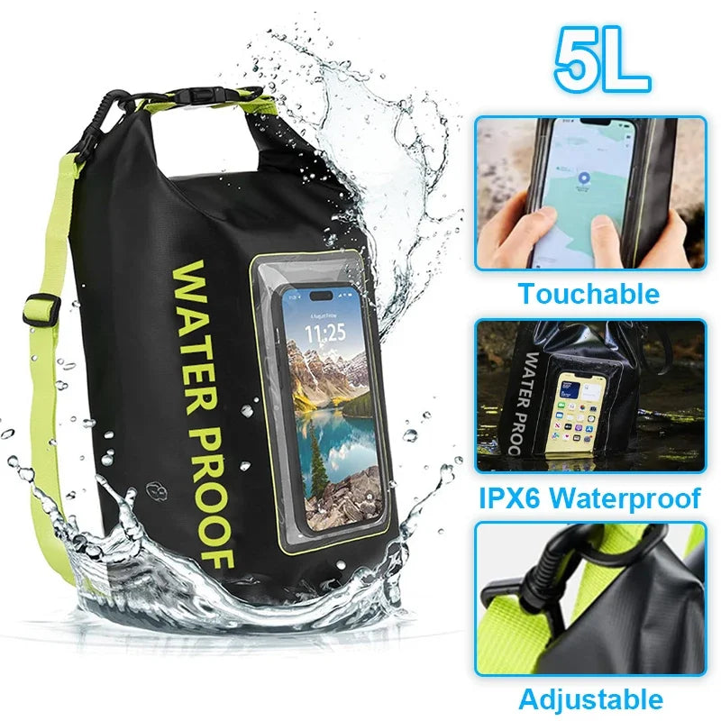 5L Dry Bag Swimming Pack Touch Screen Outdoor Waterproof Kayak Storage Bag Trekking Drifting Rafting Surfing Boating Storage Bag