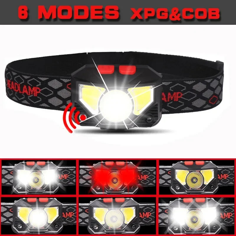 8 modos handfress sensor de movimento poderoso led farol cabeça lâmpada cob lanterna tocha cabeça luz para acampamento, pesca