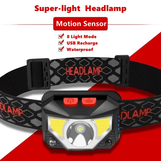 8 modos handfress sensor de movimento poderoso led farol cabeça lâmpada cob lanterna tocha cabeça luz para acampamento, pesca