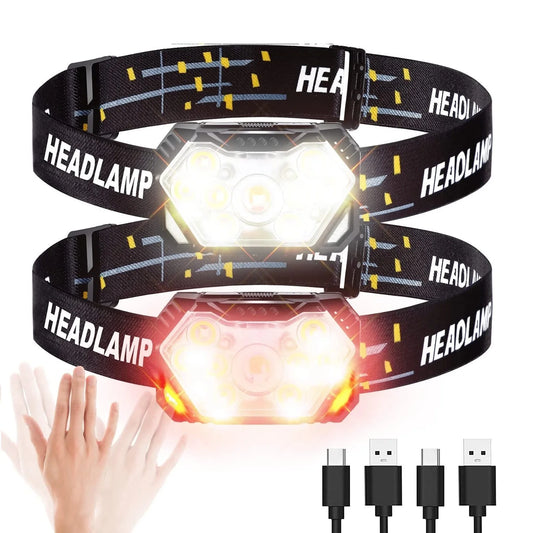 Portátil forte luz farol, USB recarregável, sensor de movimento, farol, pesca, camping, ao ar livre, lâmpada principal, trabalho lanterna, 9 LED